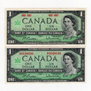 2x 1967 Bank of Canada One 1 Dollar Centennial Bank Note Bills